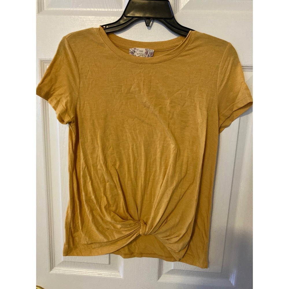 Pink Republic Womens Front Twist Knot T-Shirt Golden Glow Mustard Yellow Small